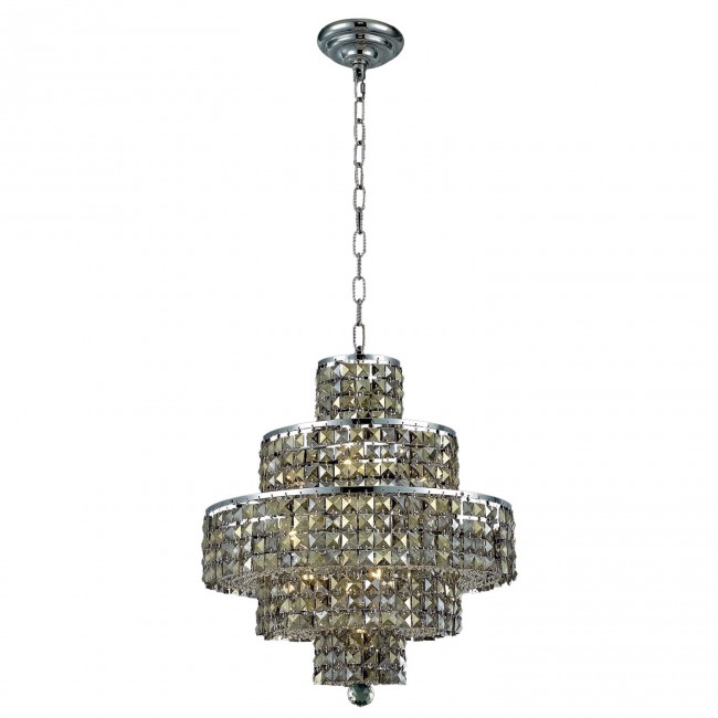 Chrome Thirteen-Light 20-Inch Five-Tier Chandelier with Royal Cut Golden Teak Smoky Crystal