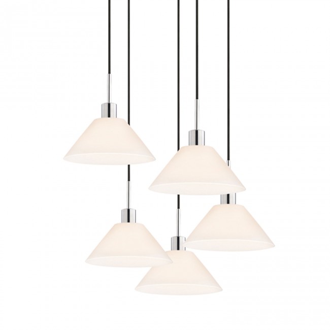 Five-Light Polished Chrome Cone Pendant with Black Cord and White Etched Cased Shade