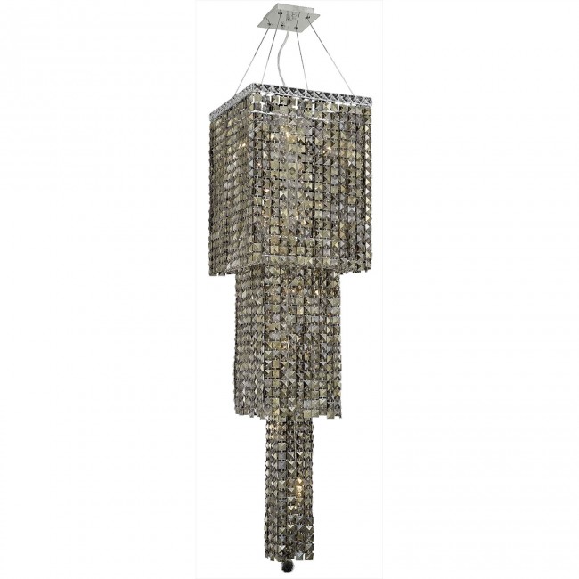 Maxim Chrome Fourteen-Light 16-Inch Three-Tier Square Pendant with Royal Cut Golden Teak Smoky Crystal