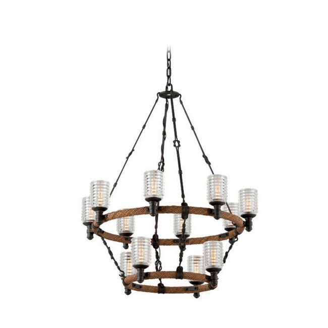 Embarcadero Shipyard Bronze and Antique Manila Rope 12 Light Two Tier Chandelier