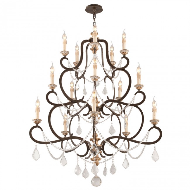 Bronze 15-Light Large Chandelier w/ Distressed Gold Leaf and Crystal