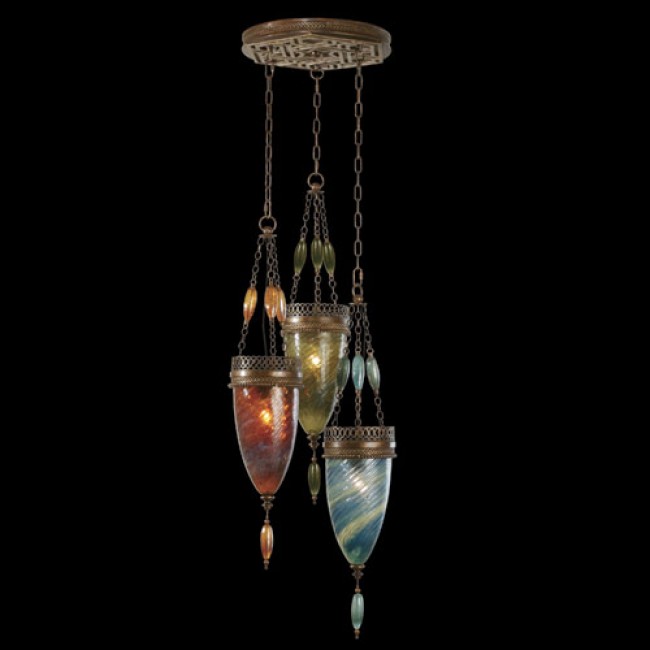 Three-Light Pendant in Aged Dark Bronze Finish and Hand Blown Glass in Vibrant Amber Dunes, Desert Sky Blue, and Oasis Green Colors
