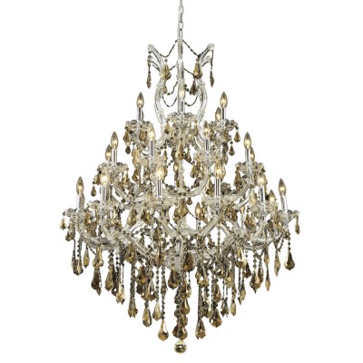  Chrome Twenty-Eight Light Chandelier with Golden Teak/Smoky Royal Cut Crystals