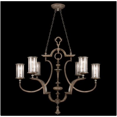 Six-Light Chandelier in Hand Painted Driftwood Finish On Metal with Silver Leafed Accents with Hand Blown Seedy Glass Shades