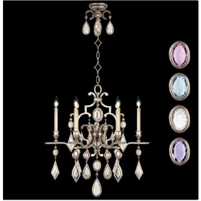 Six-Light Chandelier in Silver Leaf Finish with Multi-Colored Crystal Gems