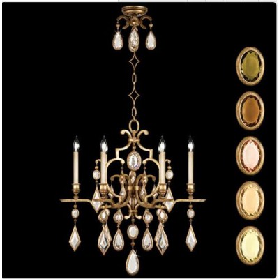 Six-Light Chandelier in Variegated Gold Leaf Finish with Multi-Colored Crystal Gems