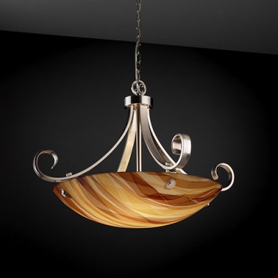 Group 3Form Brushed Nickel Fluorescent 31-Inch Wide Six-Light Bowl Pendant with Ribbon Twirl Shade