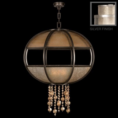 Moderne Silver Eight-Light Pendant in Warm Muted Silver Leaf Finish with Warm Translucent Mica Shade