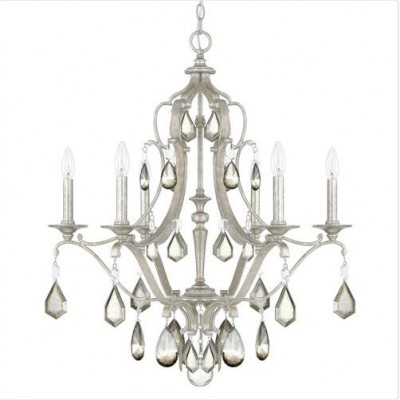 Antique Silver Six-Light Chandelier with Clear and Antique Crystals