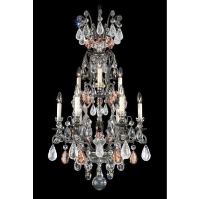 Pewter 10-Light Pink and Black Diamond Rock Crystal Chandelier, 21W x 40H x 21D
