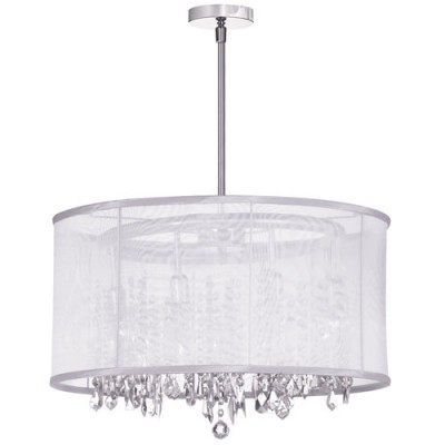 Polished Chrome Eight Light Crystal Pendant with White Organza Drum Shade