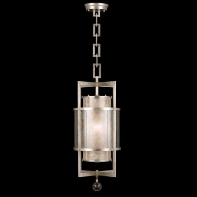 Moderne Silver One-Light Lantern in Warm Muted Silver Leaf Finish with Warm Translucent Mica Shade