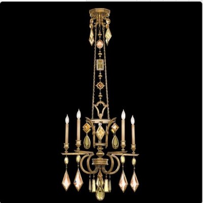 Five-Light Chandelier in Variegated Gold Leaf Finish with Multi-Colored Crystal Gems