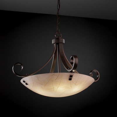Group 3Form Dark Bronze Fluorescent 31-Inch Wide Six-Light Bowl Pendant with Fossil Leaf Shade