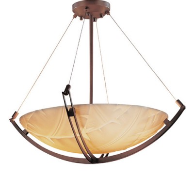 Dark Bronze LED 36-Inch Round Bowl Pendant with Crossbar and Banana Leaf Shade