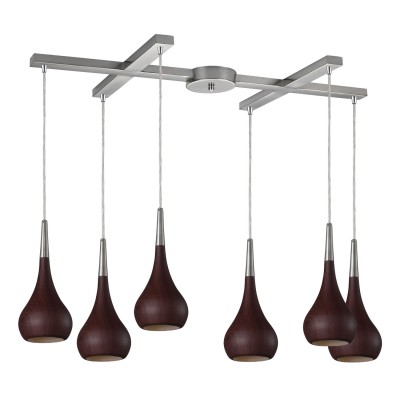 Lindsey Satin Nickel Six-Light GU10 Pendant with Dark Walnut Shades, H Canopy