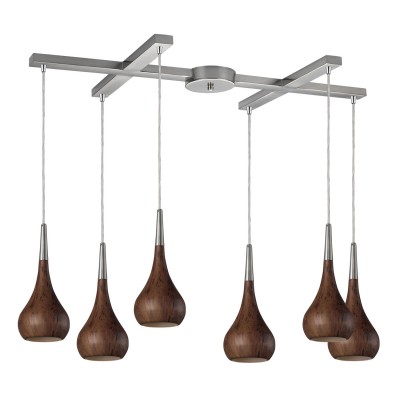 Lindsey Satin Nickel Six-Light GU10 Pendant with H Canopy and Burl Wood Shades