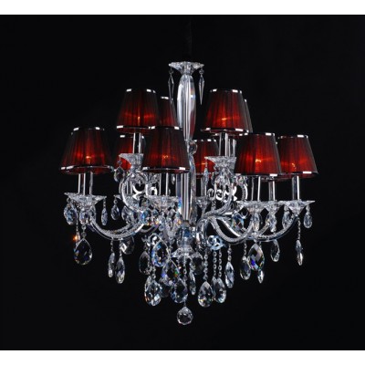 Polished chrome traditional crystal Chandelier dressed with red lampshades