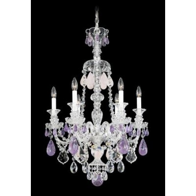 Silver Six-Light Amethyst and Rose Rock Crystal Chandelier, 22W x 33.5H x 22D
