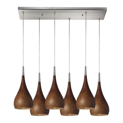 Lindsey Satin Nickel Six-Light Pendant with Burl Wood Shades