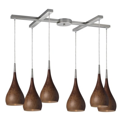 Lindsey Satin Nickel Six-Light Pendant with H Canopy and Burl Wood Shades