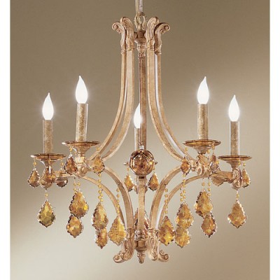  Leather Five-Light Chandelier with French Pendalogs Tortoise Shell Crystal Detail
