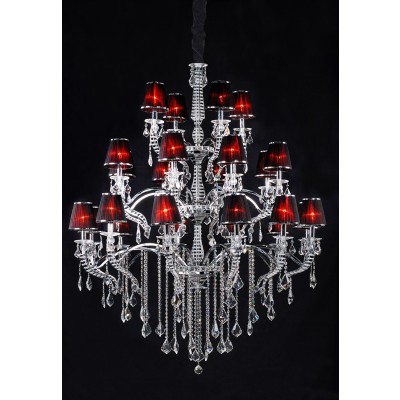Polished chrome traditional crystal Chandelier dressed with red lampshades