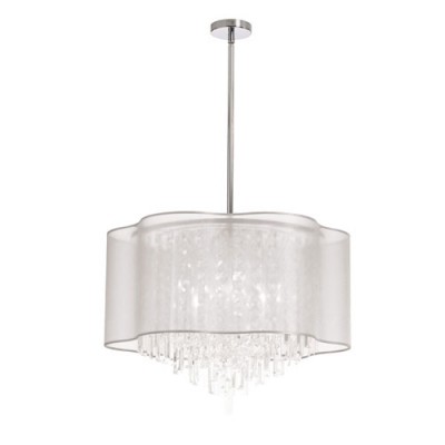 Six-Light Polished Chrome and Clear Crystal Pendant w/ White Laminated Organza Shade