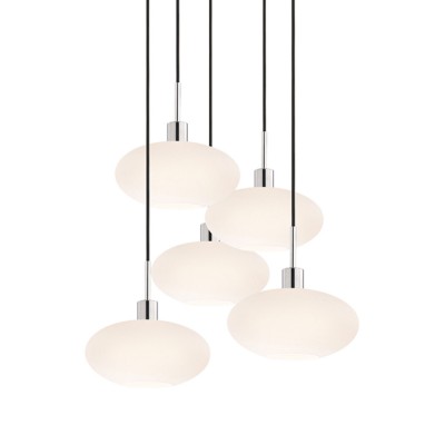 Five-Light Polished Chrome Oval Pendant with Black Cord and White Etched Cased Shade