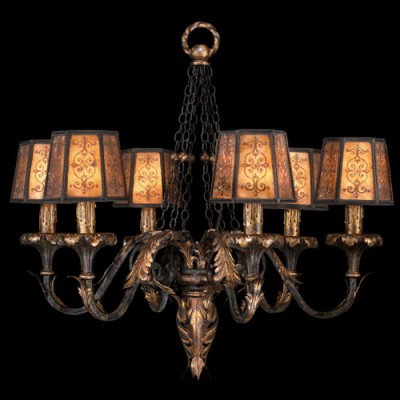 Epicurean Six-Light Chandelier in Charred Iron Finish with Features Mica Shades and Burnished Gold Candelabra