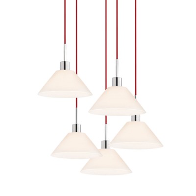 Five-Light Polished Chrome Cone Pendant with Red Cord and White Etched Cased Shade