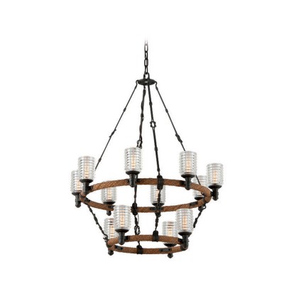 Embarcadero Shipyard Bronze and Antique Manila Rope 12 Light Two Tier Chandelier