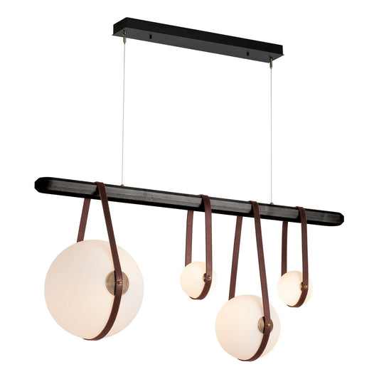 Derby Linear 4-Light LED Pendant Antique Brass Accent British Brown Leather LED Opal Glass (GG) in Black