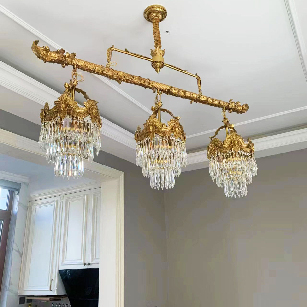 Contemporary Creative Strip Copper Crystal 9 Light Island Light Chandelier For Dining Room