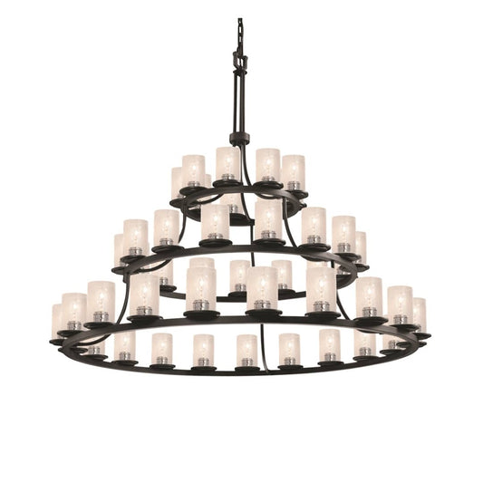 Fusion 45 Light 60" Wide Pillar Candle Chandelier with Flat Rimmed Cylinder Seeded Shades