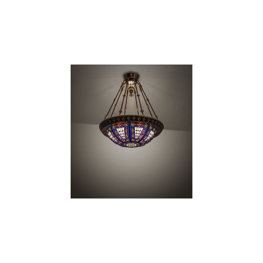 Fleur-de-lis 4 Light 28" Wide Semi-Flush Stained Glass Bowl Ceiling Fixture - Copper Vein Bake / Nu Gold Finish