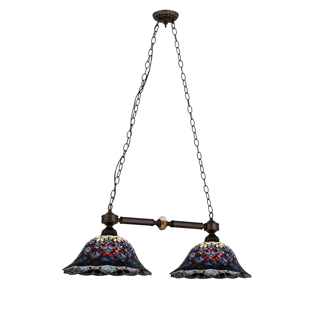 Tiffany Peacock Feather 2 Light 24" Wide Linear Chandelier with Tiffany Glass Shade