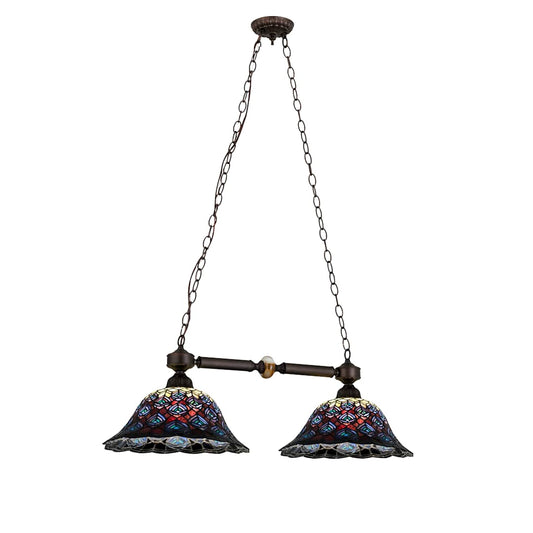 Tiffany Peacock Feather 2 Light 24" Wide Linear Chandelier with Tiffany Glass Shade